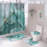 1/4pcs Luxurious Teal Marble Pattern Shower Curtain Set - Complete Waterproof Bath Ensemble with Non-slip Mats, 12 Hooks include - Image 6