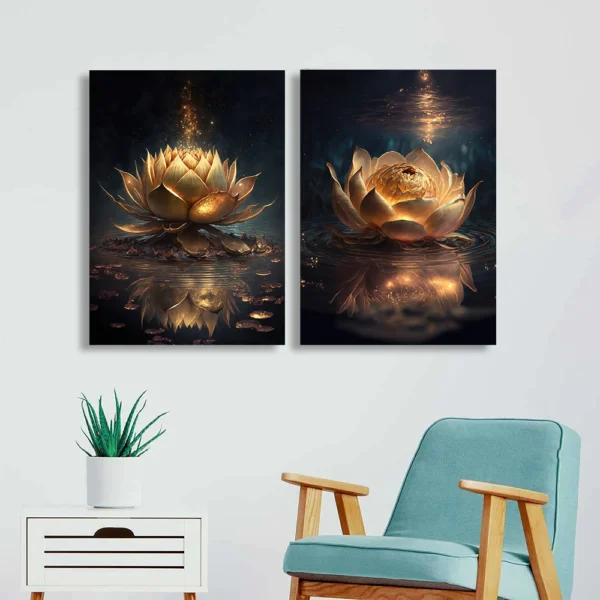 Golden Lotus Flower Canvas Painting Buddhism Prints Zen Golden Flower Posters and Prints for Living Room Porch Home and Office