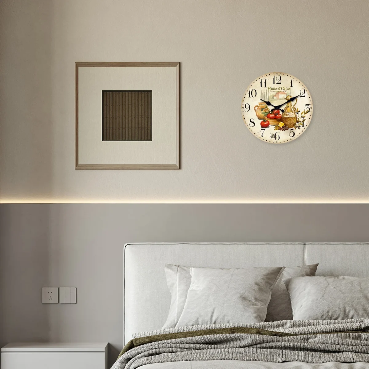 Retro Provence Olive Oil and Tomato Pattern Wooden Wall Clock Living Room Bedroom Kitchen Home Decoration Wall Clock Silent Quartz Clock Holiday Gift 10 Inches 12 Inches 14 Inches 16inch (Without Batteries) - Image 6