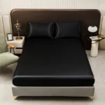Kuup 3pc Satin luxury Solid Color Bed Fitted Sheet and Pillowcase Upscale Adjustable Mattress Covers 4 Corners With Elastic Band