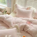 4pcs Korean lace Duvet Cover Set (1*Duvet Cover +1 flat sheet + 2*Pillowcase, Without Core), Pink checkered print Bedding Set - Image 5