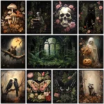 Forest Animals Butterfly Bat Plants Flowers Canvas Wall Art Nature Painting Decor Vintage Dark Skeleton Pumpkin Halloween Poster