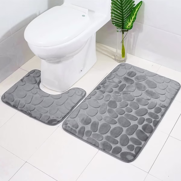 Non-Slip 50 x 80 cm Bath Mat and 50 x 40 cm Toilet Mat 2-Piece Bathroom Rug Set Soft Bath Mat with Cobblestone
