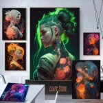 Technology Cyberpunk Beautiful Girl with Flower Tattoos Canvas Painting Pop Poster Prints Bedroom Neon Art Wall Home Decor Gifts