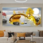 Chinese Feng Shui Golden Rich Tree Canvas Painting Wall Art Deer Landscape Lucky Stone Posters Wall Art for Living Room Decor - Image 4
