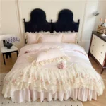 4Pcs Princess Wedding Bedding Set Korean Style Lace Flowers Embroidery Duvet Cover Bed Sheet/Fitted Sheet/Bed Skirt Pillowcases - Image 2
