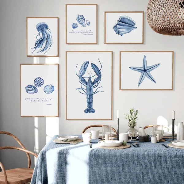 Watercolor Blue Coastal Sea Creatures Posters Prints Octopus Conch Jellyfish Wall Art Canvas Painting Kids Room Home Decor