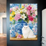 Modern Art Blue And White Porcelain Vase Blooming Flowers And White Kitten Harmony Poster Dreamy Canvas Painting Room Home Decor - Image 4
