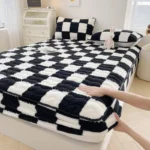 WOSTAR Soft warm plush mattress protector cover winter couple 2 people black white plaid elastic fitted sheet bed protection pad