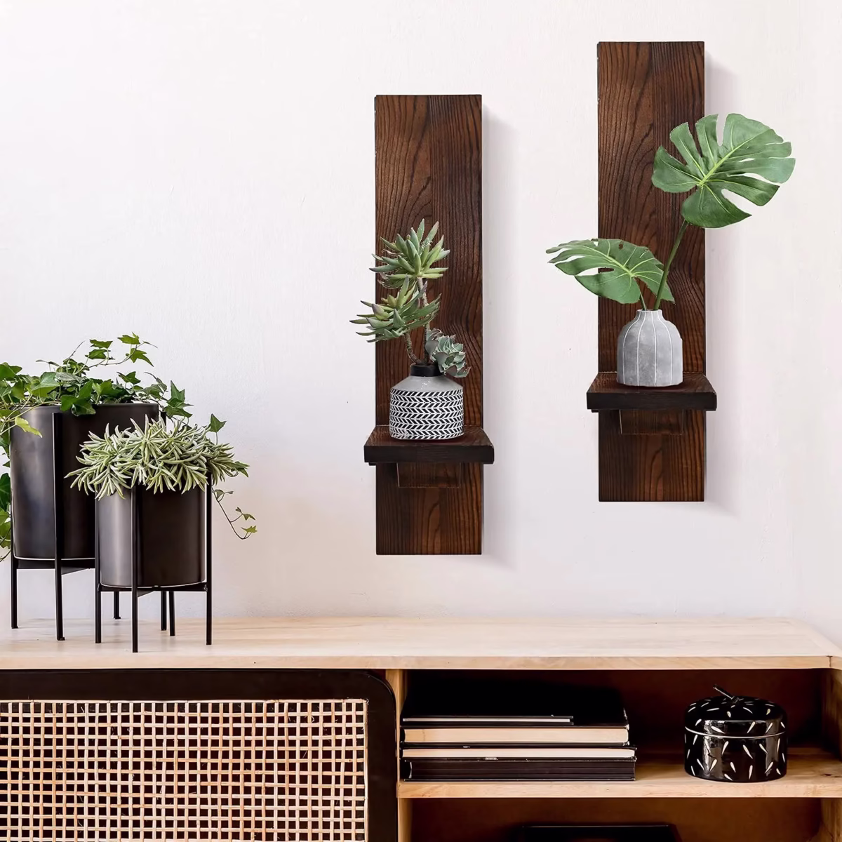 Set of 2 Wooden Wall Candle Sconces Rustic Wall Mount Wood Pillar Candle Sconces for Living Room Vintage Wall Candle Holders - Image 3