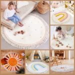 Round Fluffy Carpet For Living Room With Tassels,White Hairy Nursery Play Mat For Children,Soft Plush Bedroom Rugs For Kids