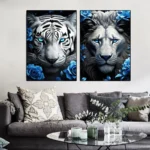 Animals Posters Tiger, Lion with Blue Flowers Decorative Painting Blue Floral Canvas Prints for Living Room Wall Decor Unframe - Image 2