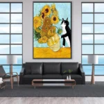 Abstract Black Cat Knocks Van Gogh Sunflower Funny Poster Graffiti Art Background Wall Canvas Painting Decorative Print Picture - Image 4