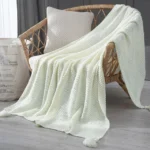 Elegant Knitted Tassel Throw Blanket in Solid Beige & Grey 130 x170 cm - Image 4
