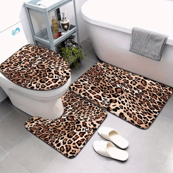 Leopard Print Bathroom Set - Soft & Non-slip Contour Mat, Toilet Cover, and Bathtub Mat for Stylish Home Decor