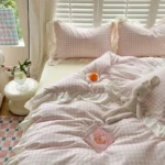 4pcs Korean lace Duvet Cover Set (1*Duvet Cover +1 flat sheet + 2*Pillowcase, Without Core), Pink checkered print Bedding Set - Image 3