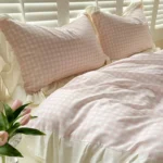 4pcs Korean lace Duvet Cover Set (1*Duvet Cover +1 flat sheet + 2*Pillowcase, Without Core), Pink checkered print Bedding Set - Image 4