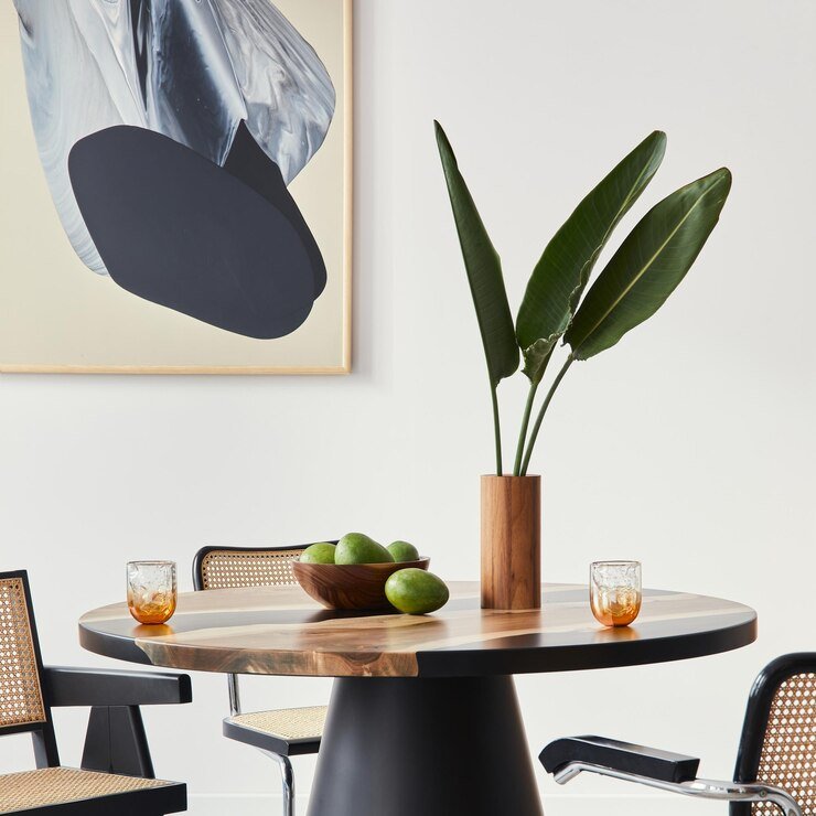 Oasin 42 stylish composition dining room interior with design table modern chairs decoration tropical leaf vase fruits abstract mock up paintings elegant accessories home decor template 431307 7361
