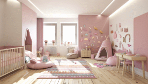 A beautifully decorated soft pink nursery with a white crib and gentle lighting.