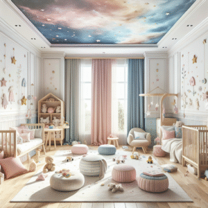 Children's room wall mural featuring stars and a night sky