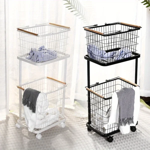 2-Tier Laundry Cart with Wheels - Stylish Metal Frame, 2-Section Storage Basket for Efficient Laundry Organization