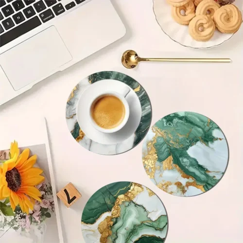 4 pieces of marble pattern printed coasters, suitable for daily family party decoration, office, non-slip wooden coasters