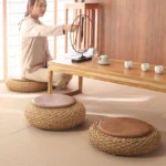 Chic Knitted Pouf Ottoman with PU Leather Seat for Yoga Bliss - Image 5