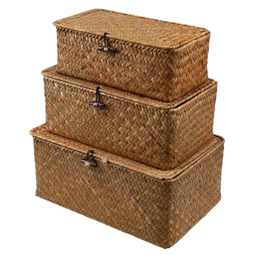 Rattan Woven Storage Box Clothing Toys Holder Handmade Jewelry Boxes Straw Wicker Basket with Lid Home Sundries Makeup Organizer