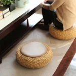 Chic Knitted Pouf Ottoman with PU Leather Seat for Yoga Bliss - Image 3