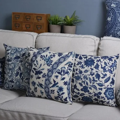 Vintage Blue White Porcelain Pillow Cover Home Decor Pillow Cushion Cover Floral Linen Pillow Case Sofa Cushions