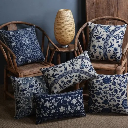 Vintage Blue White Porcelain Pillow Cover Home Decor Pillow Cushion Cover Floral Linen Pillow Case Sofa Cushions