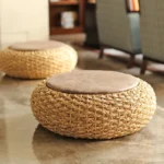 Chic Knitted Pouf Ottoman with PU Leather Seat for Yoga Bliss - Image 4