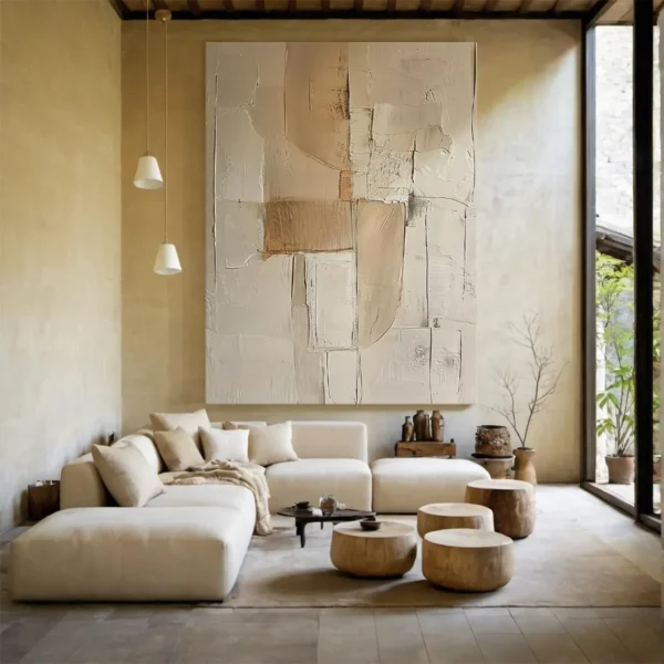3D Beige Large Canvas Abstract Handmade Oil Painting Brown Simple Wall Art Textured Geometric Art Wall Decor Living Room Decor