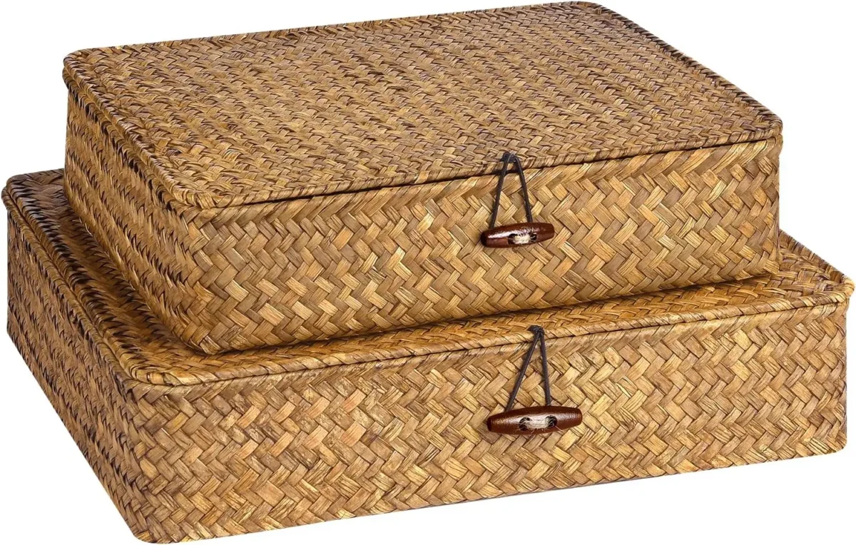 Seagrass Storage Bins with Lid Wicker Storage Baskets for Organizing, Woven Shelf Organizer Bins Home Utility Organizer Box for - Image 1