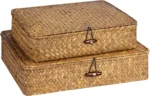 Seagrass Storage Bins with Lid Wicker Storage Baskets for Organizing, Woven Shelf Organizer Bins Home Utility Organizer Box for