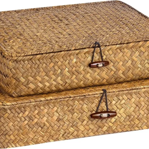 Seagrass Storage Bins with Lid Wicker Storage Baskets for Organizing, Woven Shelf Organizer Bins Home Utility Organizer Box for