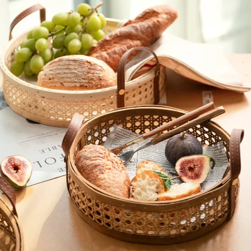 Nordic Retro Handmade Rattan Storage Tray Leather Handle Fruit Bread Sundries Family Desktop Decoration Round Small Basket