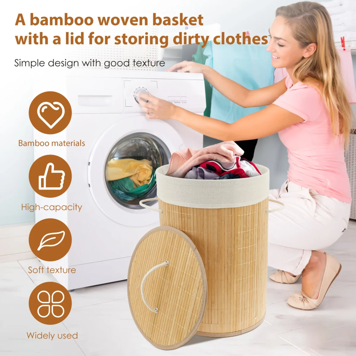 Bamboo Laundry Basket with Lid for Storing Dirty Clothes Laundry Hamper with Removable Liner Handle Clothing Bin for Bathroom - Image 2