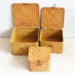 Rattan Weaving Wicker Shelf Baskets New Lid Rectangular Bin Handwoven Home Organizer Bedroom