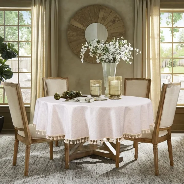 Cotton Linen Round Tablecloth, Farmhouse Dust-Proof Tablecloth,Soft and Wrinkle Free Table Cover with Tassels for Kitchen Dining