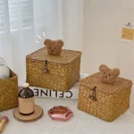 Ins Bear Storage Basket - Woven Willow Desktop Organizer with Dustproof Lid