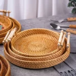 1PC Woven Rattan Storage Basket with Strap Handle round Tray for Bread Snacks Fruits Picnic - Home Organization Basket