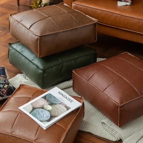 Moroccan Pouf Floor Cushion Oil Wax Skin Embroider Craft Ottoman Footstool Futon Sofa Artificial PU Leather Unstuffed Cushion