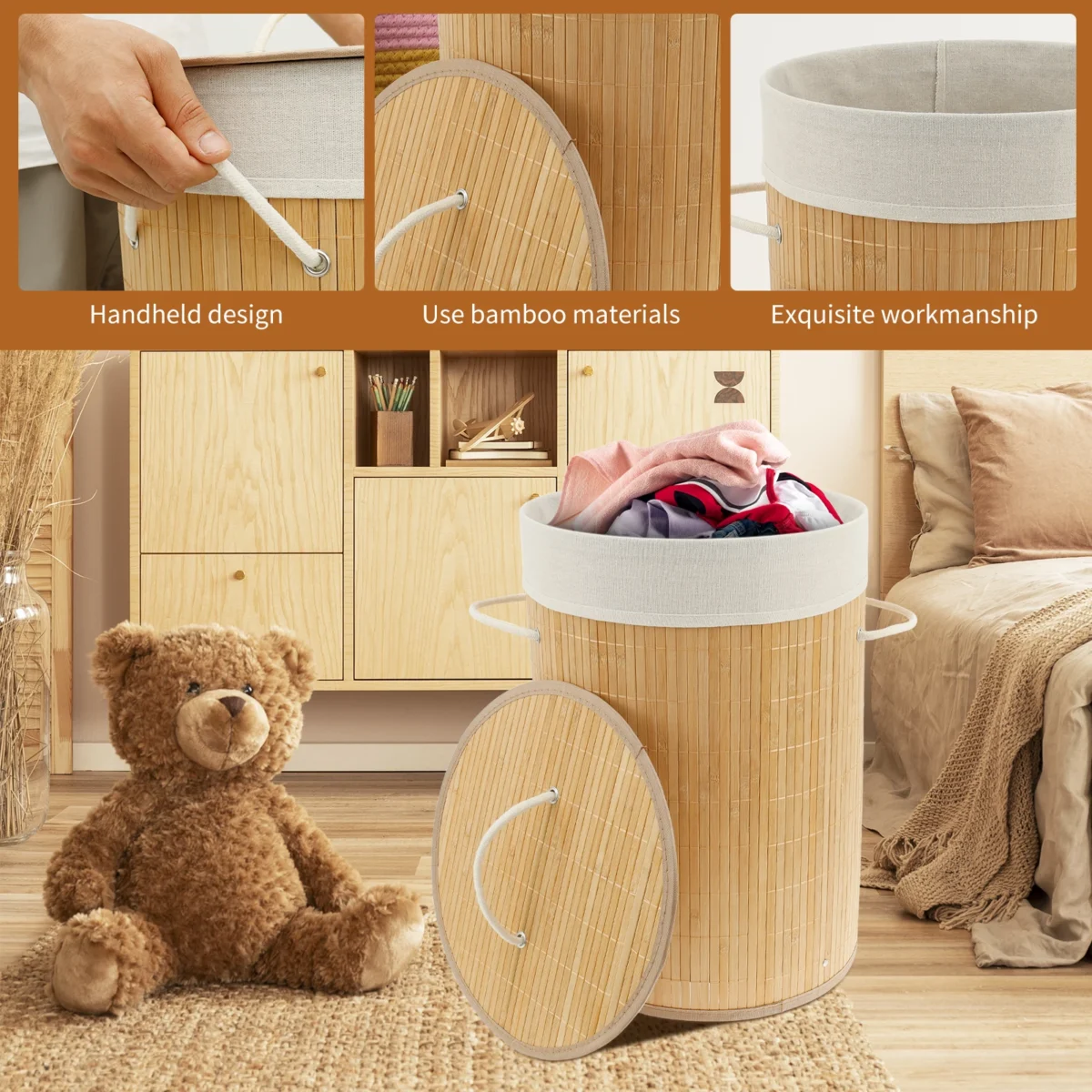 Bamboo Laundry Basket with Lid for Storing Dirty Clothes Laundry Hamper with Removable Liner Handle Clothing Bin for Bathroom - Image 3
