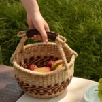 New Vietnamese Seaweed Hand-woven Basket Fruit Picking Basket Ins Sundries Storage Basket for Home, Picnic with Leather Handle