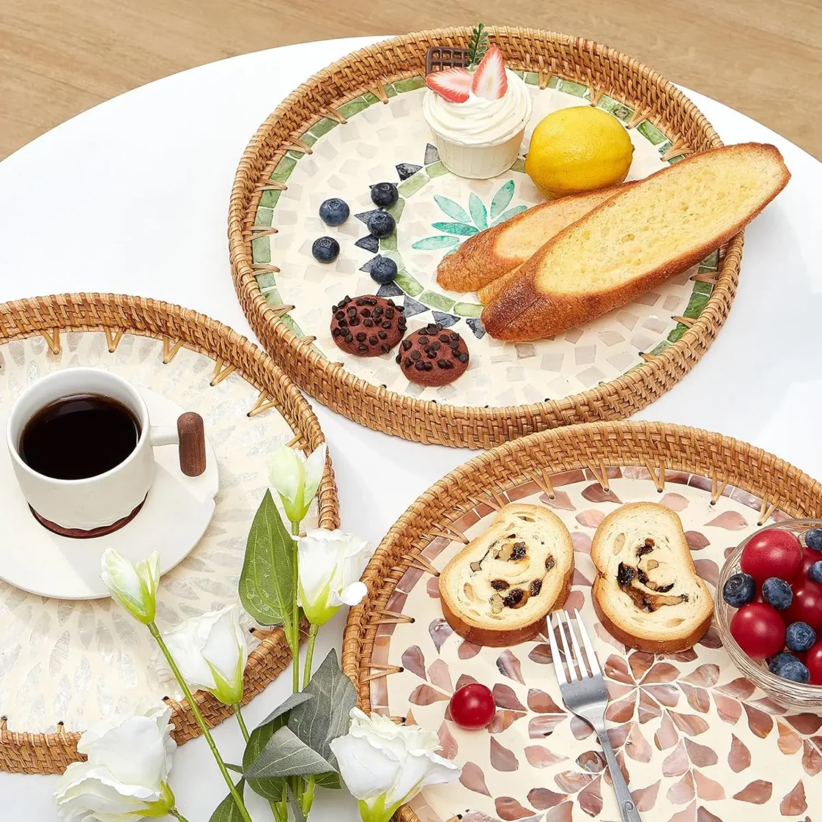 Round Rattan Tray with Mother of Pearl Inlay Rattan Serving Tray Wooden Base Storage and Display of Coffee Bread Food Fruit - Image 3