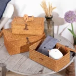 Shelf Baskets with Lid Set of 3 Handwoven Seagrass Storage Box Wicker Basket Desktop Makeup Organizer Multipurpose Container - Image 3