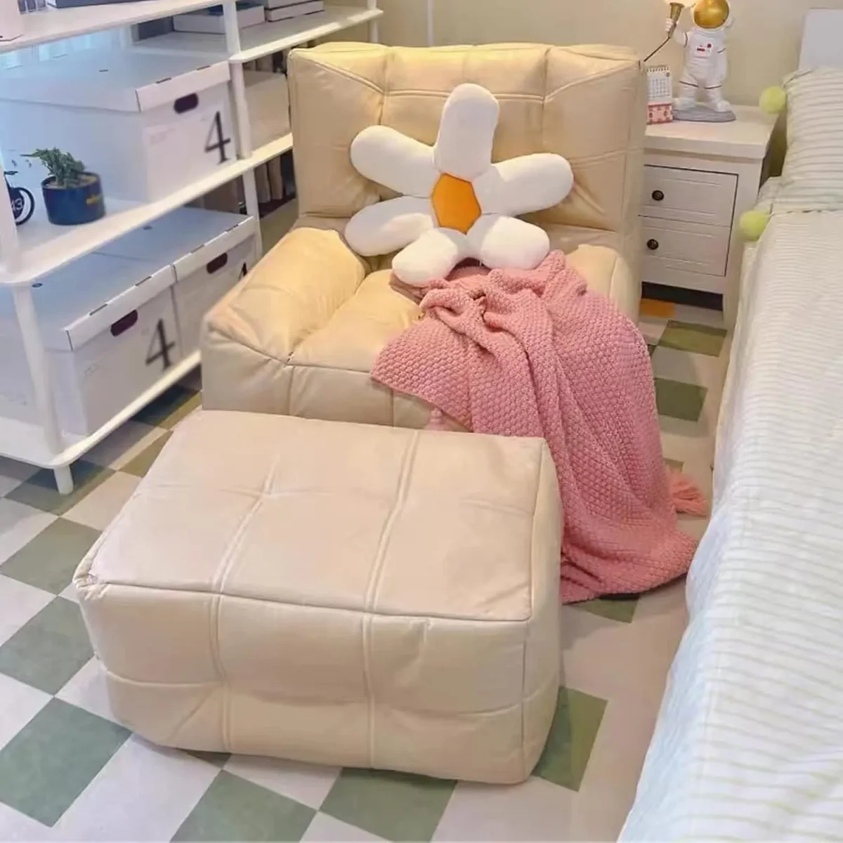 Portable Lazy Beanbag Chair Faux Leather Waffle Pouf Couch Bean Bag Cover Without Filler Puff Chaise Lounge Recliner Sofa Bed Ot - Image 6