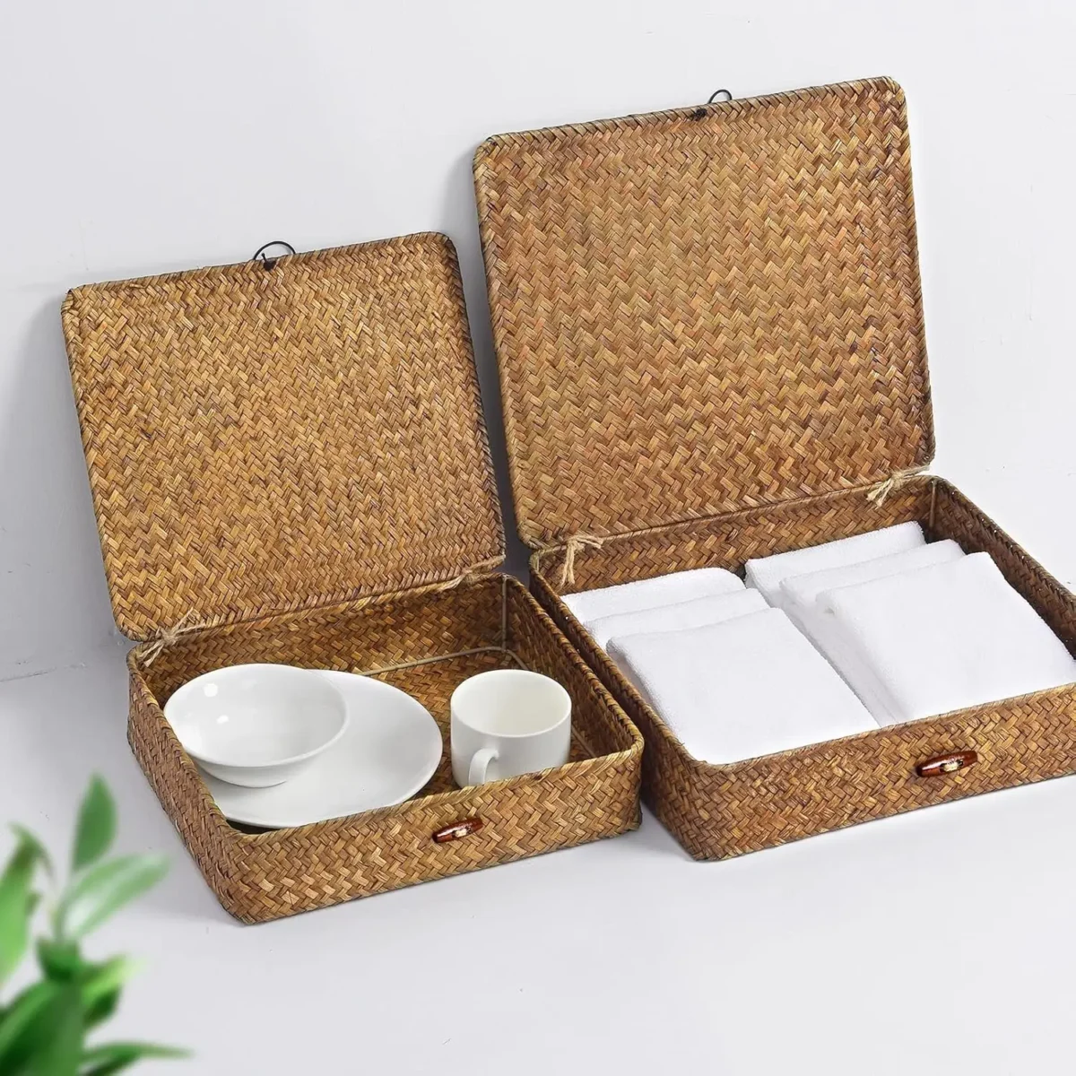 Seagrass Storage Bins with Lid Wicker Storage Baskets for Organizing, Woven Shelf Organizer Bins Home Utility Organizer Box for - Image 5