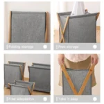Dirty Clothes Laundry Basket Wood Bracket Foldable Cotton Linen Storage Baskets Bathroom Organizer Japanese Style Clothes Hamper - Image 4